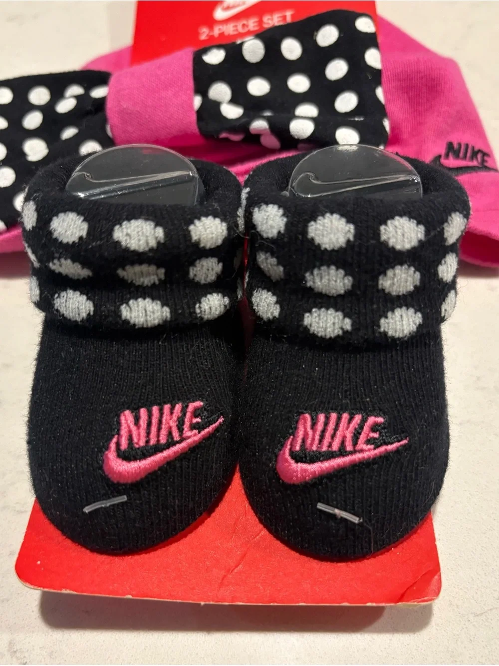 Nike Pink Baby Hat & Black Polka-Dot Bow Sock Set